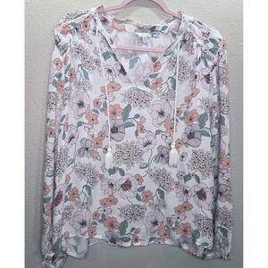 Lucky Brand Floral Peasant Blouse Medium Pink Green Boho Tassel Tie V-Neck...